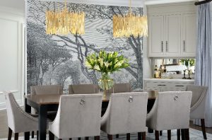 amazing dining room with coffered wall decor and custom wall mural