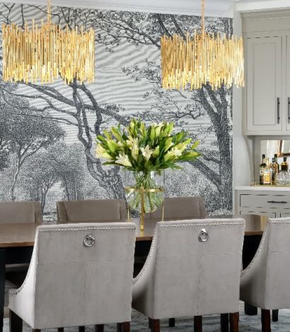 amazing dining room with coffered wall decor and custom wall mural