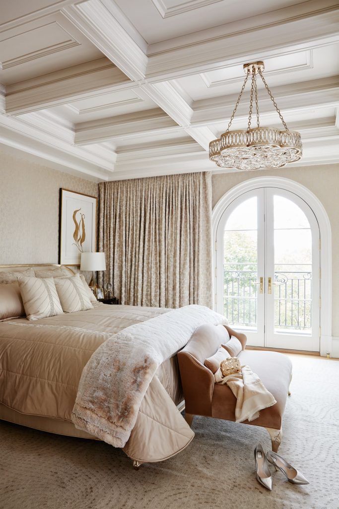 bedroom makeover - classic bedroom with waffle ceiling and beige wallpaper