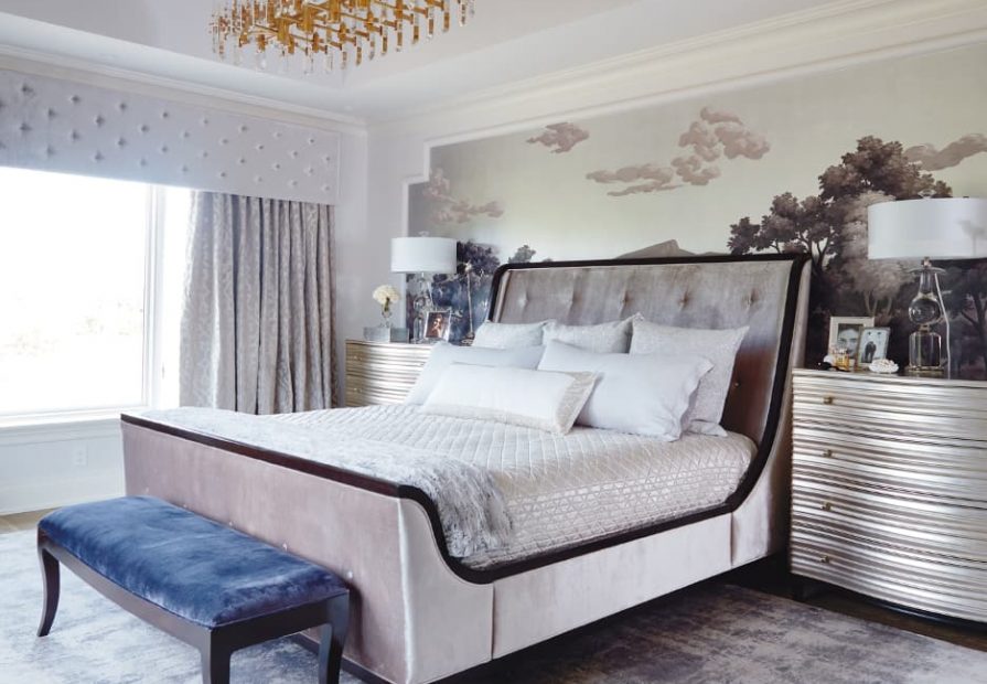 bedroom makeover - luxury bedroom with custom wall cover and floor carpet