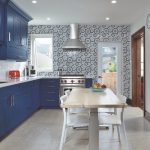 modern kitchen images - blue cabinets and custom wallpaper in amazing kitchen