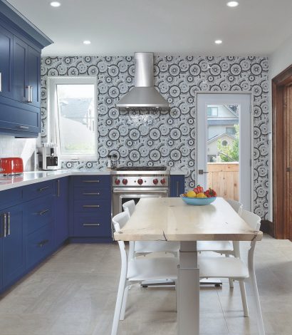 modern kitchen images - blue cabinets and custom wallpaper in amazing kitchen
