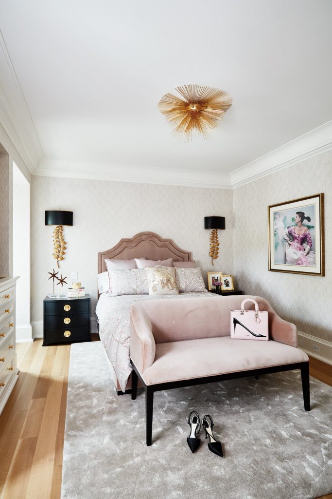 ceiling crown moudling and custom wallpaper in amazing bedroom makeover