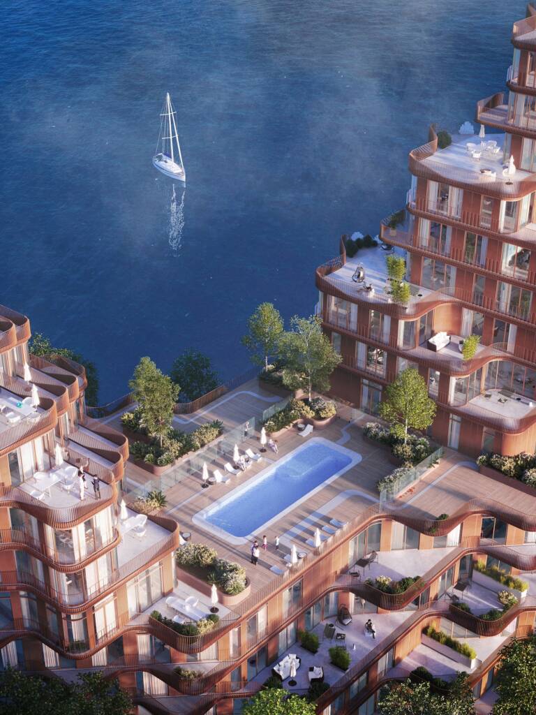 Aerial view of condo pool and lake