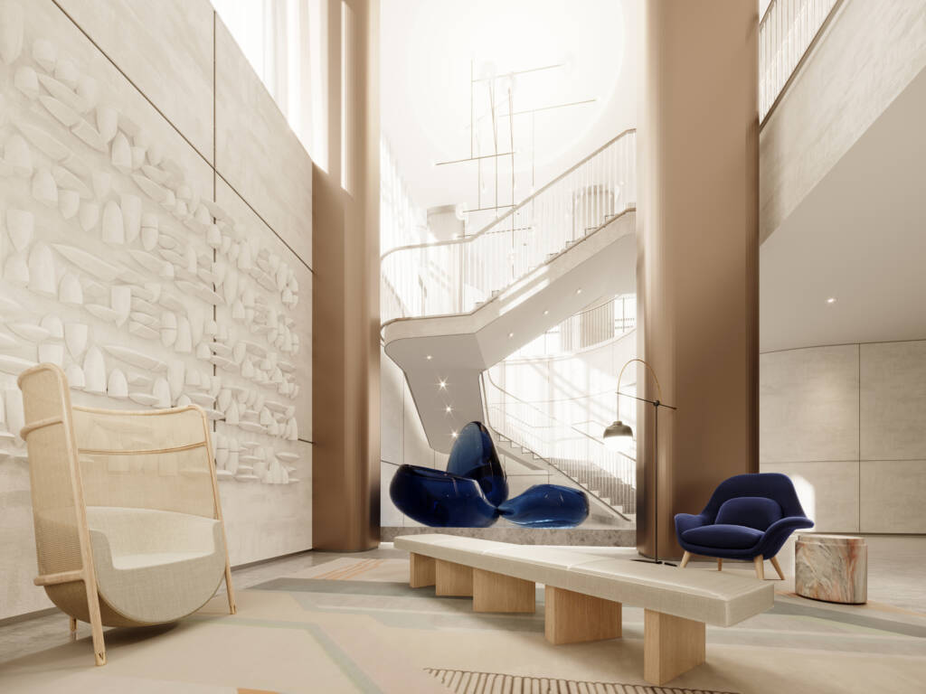 Condo lobby with high white textured walls, beige columns and dark blue arm chairs