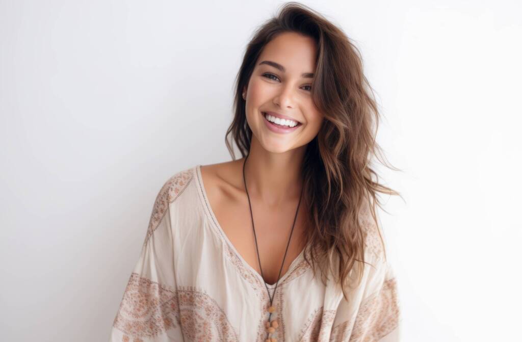 young woman smiling on a white background