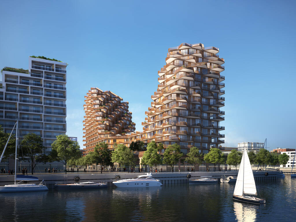 Distant view of condo building and lake on East Bayfront Toronto