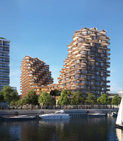 Distant view of condo building and lake on East Bayfront Toronto